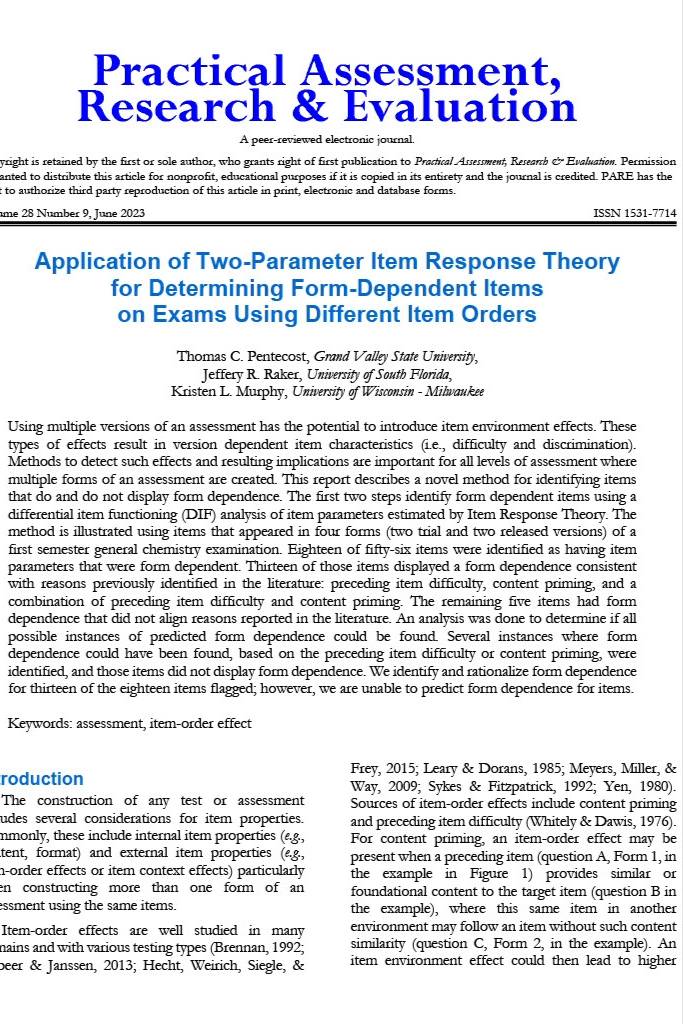 Application of Two-Parameter Item Response Theory for Determining Form-Dependent Items on Exams Using Different Item Orders